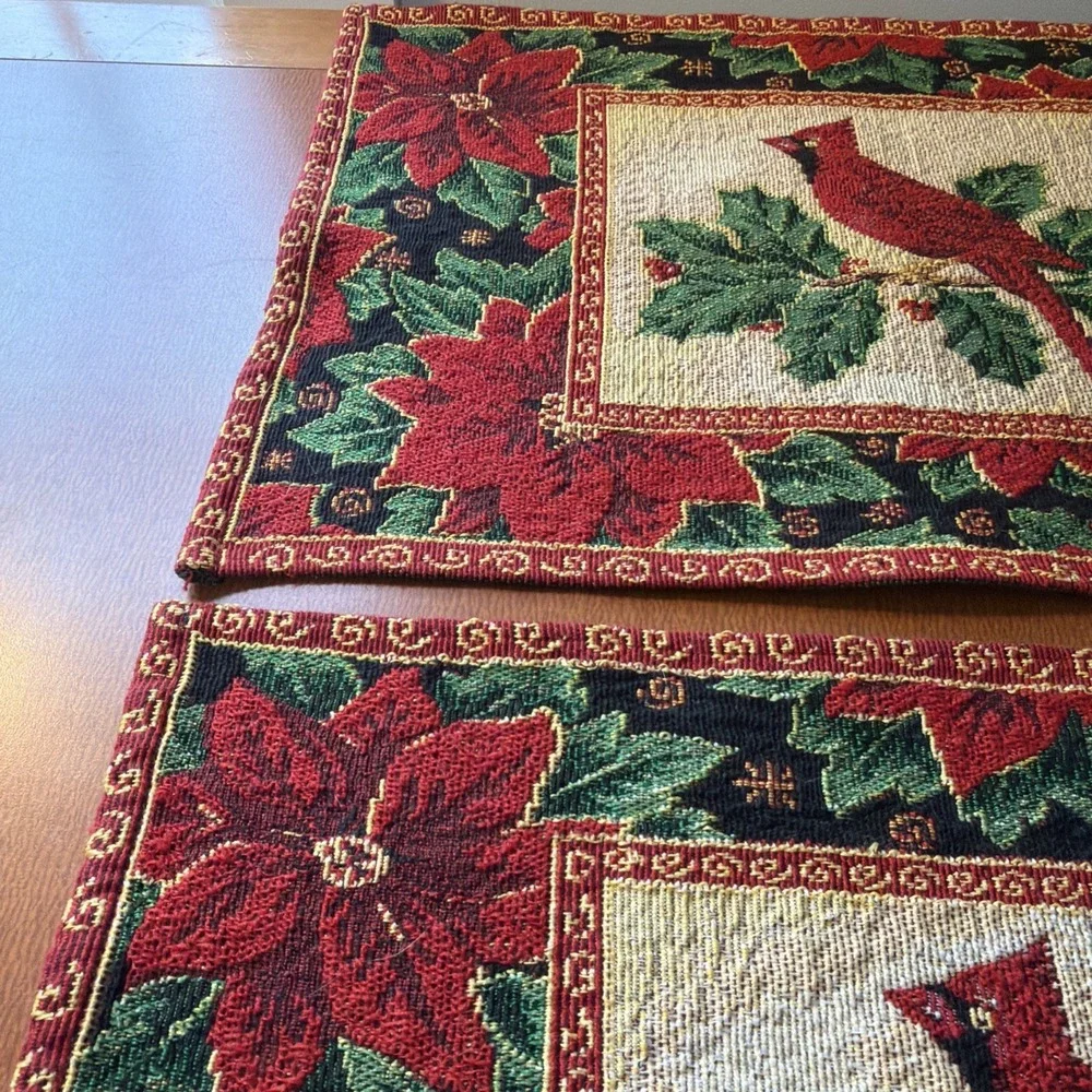 Vintage Christmas Tapestry Placemats Set Of 2 Holiday Cardinal Poinsettia Holly